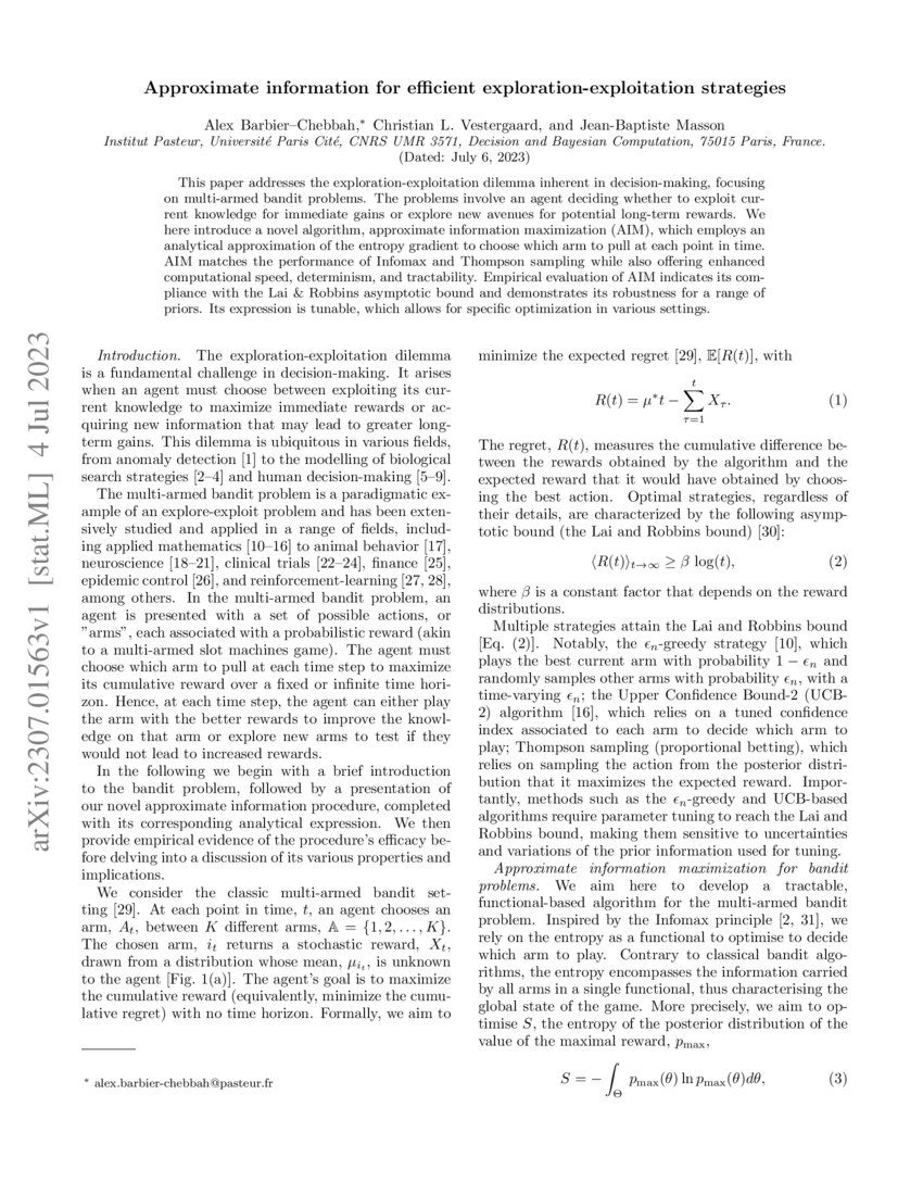Approximate Information For Efficient Exploration Exploitation Approximate Information For Efficient Exploration Exploitation