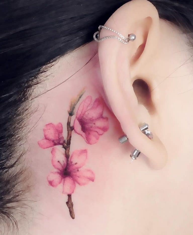 Cherry Blossom Tattoo Behind Ear: Delicate & Meaningful Design Ideas
