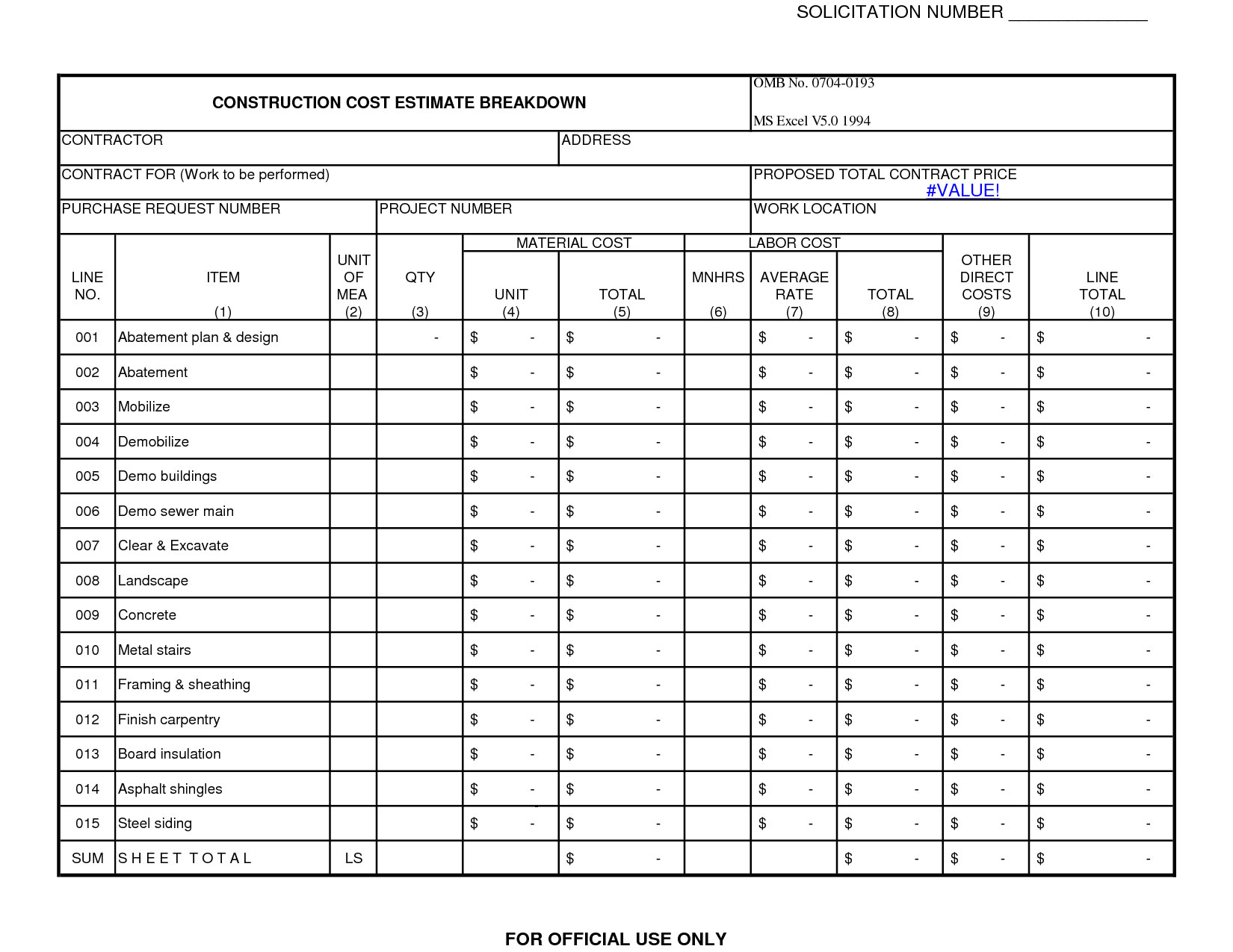 Cost Breakdown Template Project Cost Breakdown Sheet Cost Breakdown Template Project Cost Breakdown Sheet