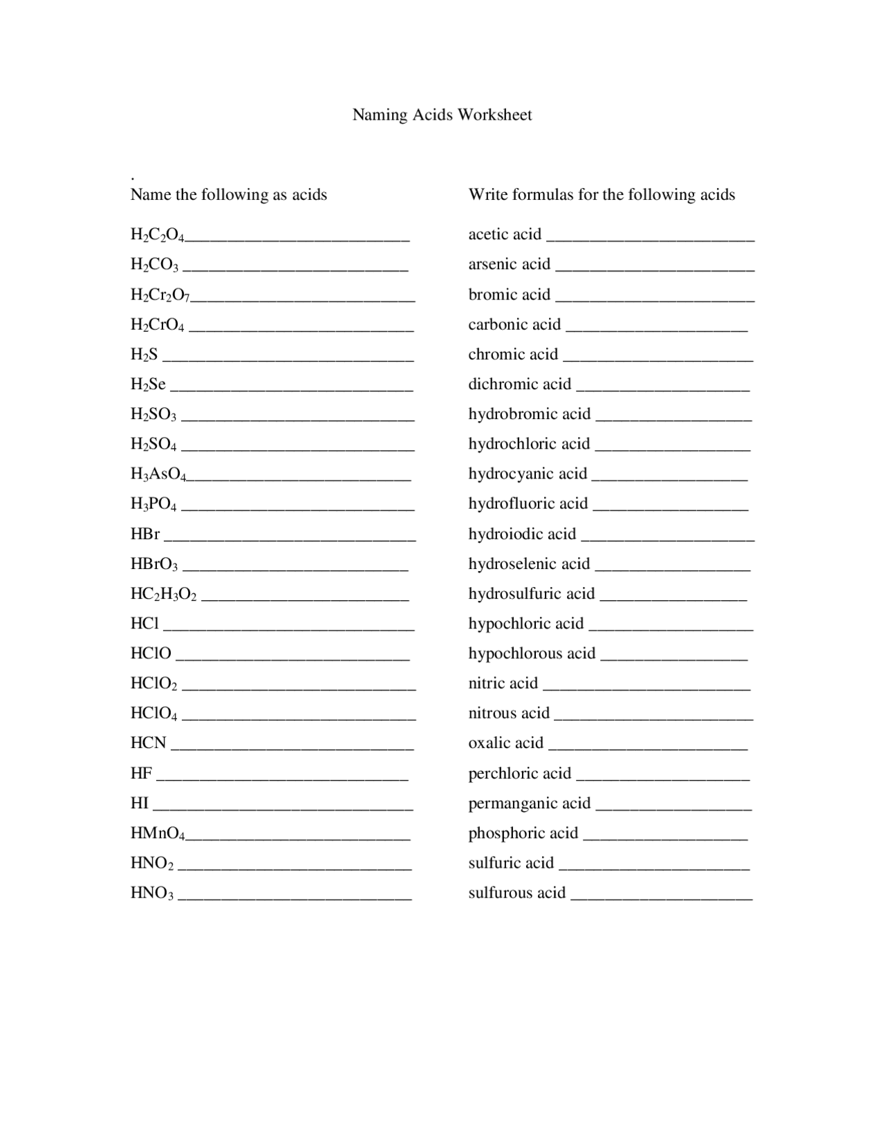 Naming Acids And Bases Worksheet Naming Acids And Bases Worksheet