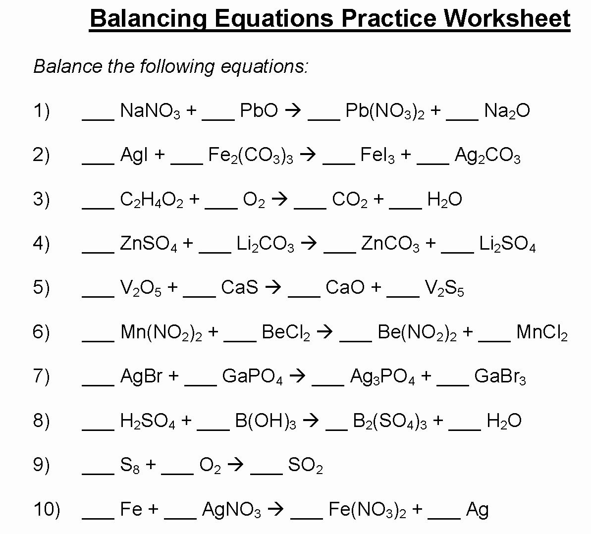 Master Balancing Equations with Practice Worksheet Answers